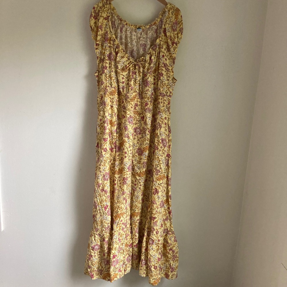 Old Navy Yellow Floral Smocked Waist Tiered Maxi Dress XL Boho Cap Sleeve Cotton